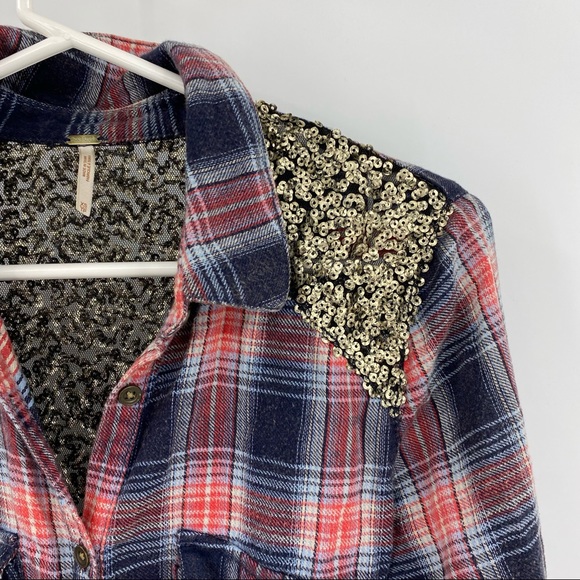 Free People Plaid Sequin Button Down XS - Picture 3 of 8